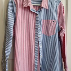 Vineyard Vines Pink and Blue Striped Mixed-Panel Button-Down Shirt